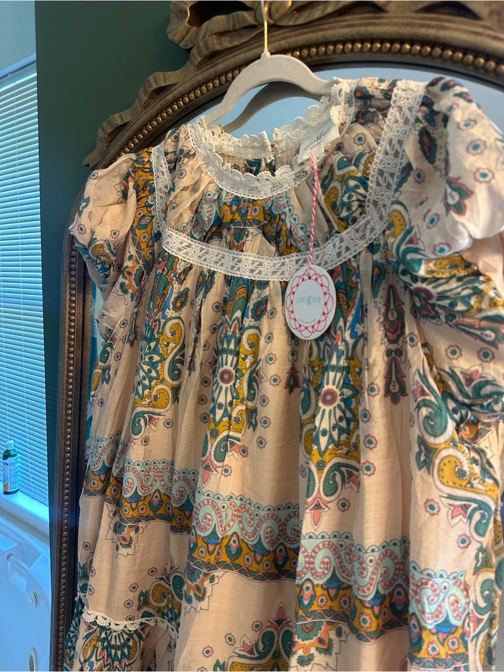 Umgee Peach Paisley Lace Trim Top with Teal & Mustard Accents